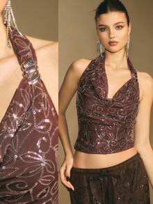 Poéselle Áo hở lưng gợi cảm đính sequin thời trang dành cho nữ, Áo sequin màu nâu dành cho nữ, Thích hợp cho tiệc năm mới, Giáng sinh, dự tiệc, Phù hợp cho mặc hàng ngày, đi chơi, đi làm, mùa thu/đông. - màu nâu - Xem 3