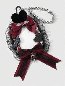 ROMWE Anime 1pc Y2K Goth Style Handmade Beaded Necklace With Silver CCB, Black & White Lace, Faux Fur, Red Ribbon Bow, Acrylic Wings, Liquid Chain, Leather Letters, Heart, White Acrylic Card Holder, Suitable For Students, Idol Fans, Women, Daily Wear, Holiday Gift - Black red - View 6