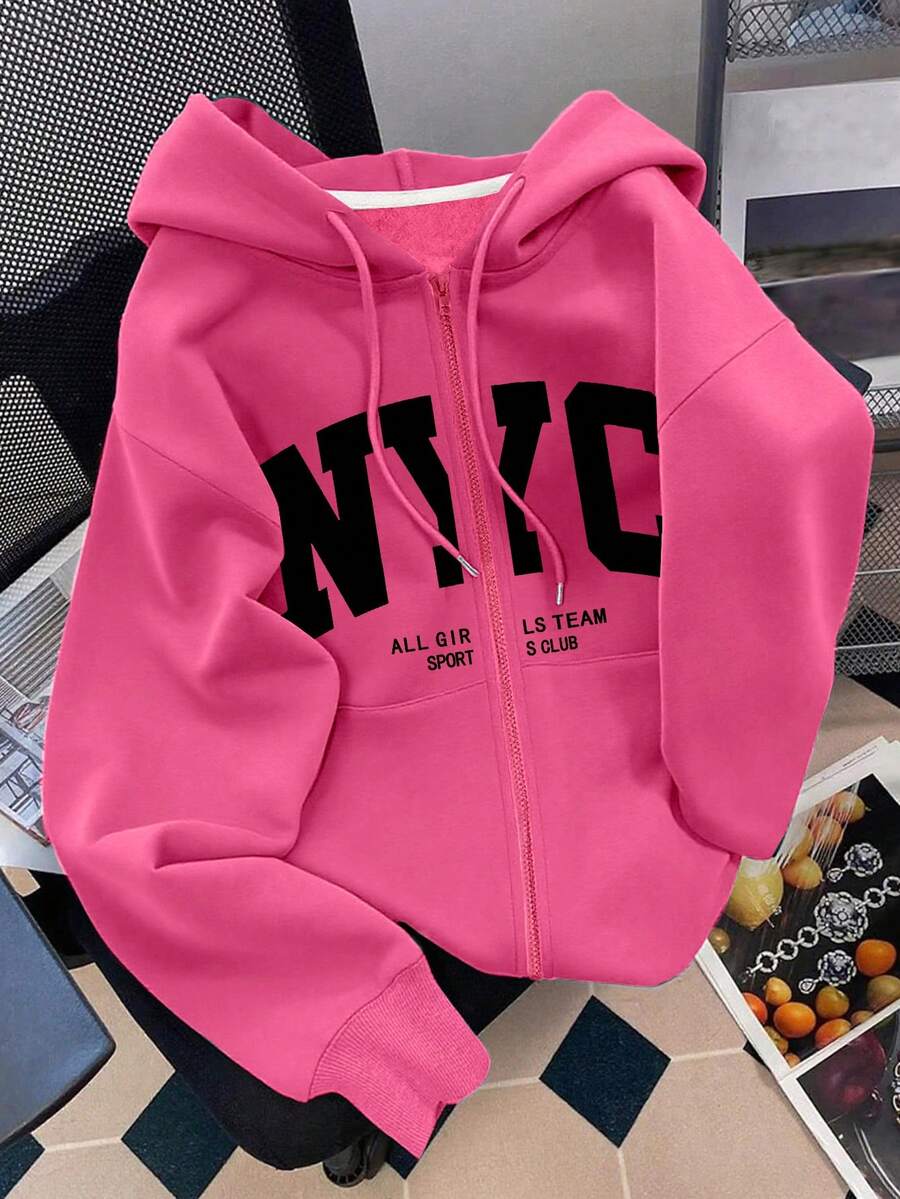SHEIN 女士连帽拉链卫衣，字母印花图案，休闲外套，适合教师、返校、毕业、日常穿着、冬季外套，时尚百搭；女士连帽长袖卫衣 - 玫紅色 - 查看 1