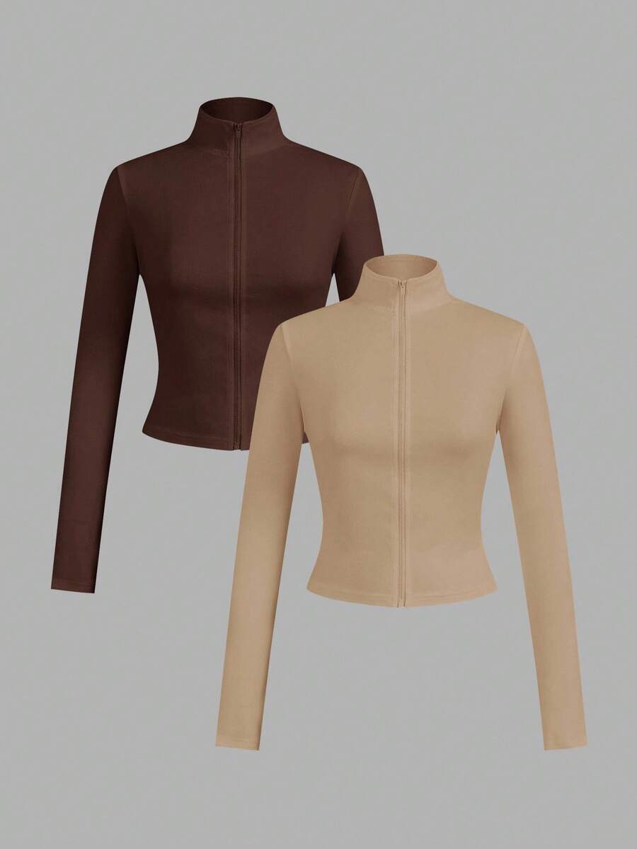 SHEIN EZwear 2 件棕色和卡其色针织拉链长袖 T 恤女士款，适合春秋季 - 彩色 - 查看 1