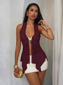 Glamine Áo tank top lưới thời trang nữ, cổ yếm buộc dây phía trước, viền bèo nhún, vạt áo bất đối xứng, trang trí hình bướm kim loại, màu đỏ, áo hai dây, áo dự tiệc, trang phục Giáng sinh cho nữ. - Màu Đỏ Sâu - Xem 3