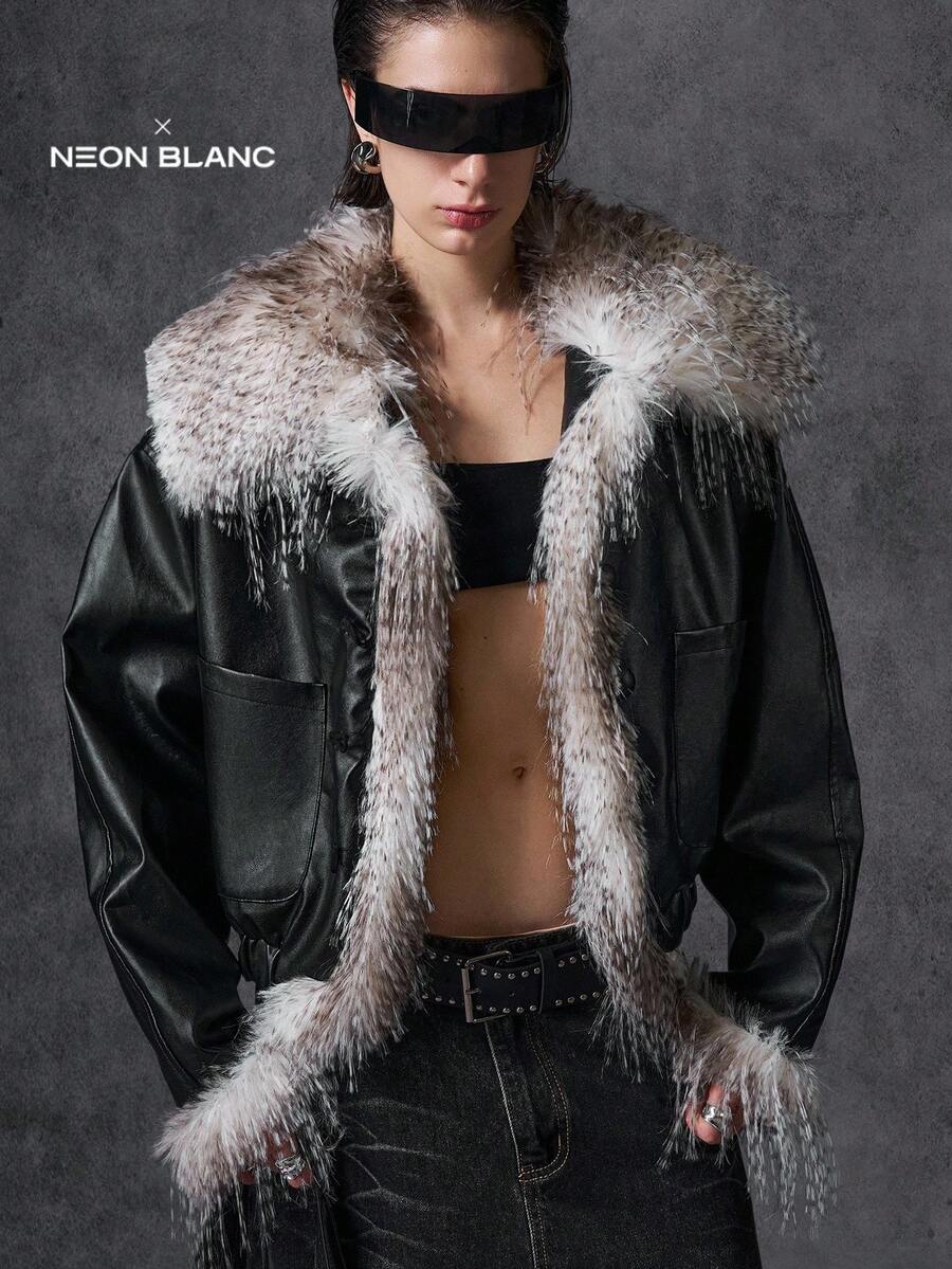 LYSMO 女士时尚毛绒拼布夹克，秋冬 - 黑色 - 查看 1