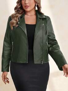 SHEIN Clasi Plus Size Women's PU Leather Motorcycle Jacket With Metal Zipper Decor, Autumn/Winter - Green - View 3