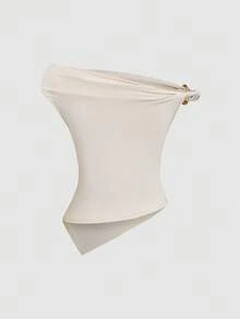 Sweetra Women's Summer European And American Fashion Solid Color 3 Pieces Set, Metal Decor Twist Hem Asymmetric Hem Fitted Casual Commuter Versatile T-Shirt