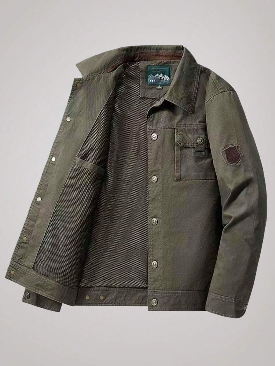 OFFICEAU Autumn/Winter New Men's Jacket Coat, Lapel Collar Casual Fashion Versatile Jacket, Multi-Pocket Military Green Button Jacket, Retro Jacket, Old Money - Khaki - View 1