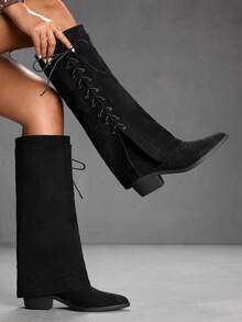 CUCCOO SZL Women's Fashion Black Side Lace-Up Thigh High Boots, Suitable For Holidays, Vacations, Music Festivals - Black - View 7