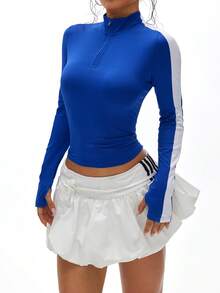 Gameset SHEIN Sport 女士基本款撞色拉链立领运动衫，适合瑜伽和运动 - 寶藍色 - 查看 2