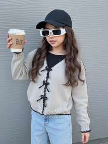 Tween Mädchen Strickjacke mit V-Ausschnitt, grau, mit Schleifen-Dekor, Langarm, kurzer Strickpullover, weich & bequem, geeignet für Frühling, Herbst, Winter, Alltag, Ausflüge, Reisen, Urlaub, Zuhause, Kinderbetreuung, Kinderspiel