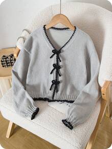 Tween Mädchen Strickjacke mit V-Ausschnitt, grau, mit Schleifen-Dekor, Langarm, kurzer Strickpullover, weich & bequem, geeignet für Frühling, Herbst, Winter, Alltag, Ausflüge, Reisen, Urlaub, Zuhause, Kinderbetreuung, Kinderspiel