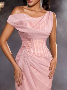 Glamrae Váy dạ hội trang trọng xếp ly vải kaki tối giản, viền voan mỏng - Bụi hồng - Xem 6