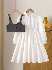 2pcs/Set Tween Girl Casual Sleeveless Top & Long Sleeve Dress Outfit, Suitable For Autumn Outings - White - View 2