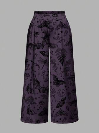 Plus Size Gothic Mysterious Bat Wing, Sun, Moon, Dragonfly, Mushroom, Eye Print Loose Wide Leg Pants
