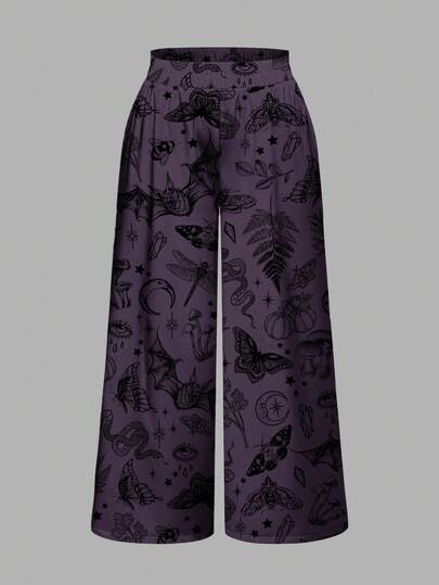 Plus Size Gothic Mysterious Bat Wing, Sun, Moon, Dragonfly, Mushroom, Eye Print Loose Wide Leg Pants