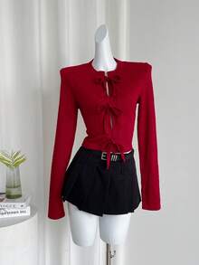 SHEIN LUNE Autumn/Winter New Stylish Unique Slimming Lace-Up Textured Knit T-Shirt - Red - View 3