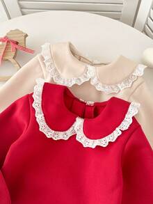 Genkimix Kids 2pcs/Pack Baju Atasan Lengan Panjang 2-in-1 Model Sweatshirt dengan Kerah Ruffle, Bordir, dan Hiasan Renda untuk Anak Perempuan, Warna Krem dan Merah - MultiWarna - View 5