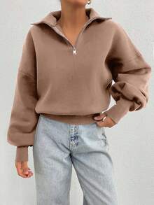 EURMUSE 100% Cotton Collar With Zipper Pattern Oversize Sweatshirt - Beige - View 8
