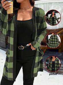 Calvaya Chaqueta de cuadros rojos de Navidad de talla grande con bolsillos dobles para ropa de Año Nuevo - Verde militar - Ver 1