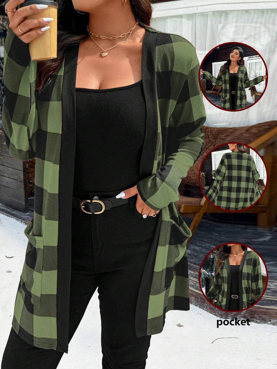 Calvaya Chaqueta de cuadros rojos de Navidad de talla grande con bolsillos dobles para ropa de Año Nuevo - Verde militar - Ver 1