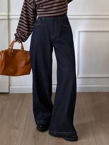 Livesso Jeans droits amples et décontractés pour femmes, style casual chic, convient pour l'automne et l'hiver - Bleu azur - Voir 4