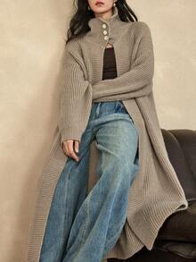 Dazy-Less 女士优雅长款开衫，休闲商务风格，秋冬 - 卡其色 - 查看 5