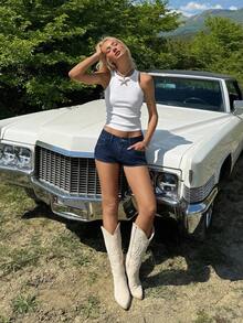 SHEIN EZwear Women's Blue Striped Low-Waist Denim Shorts, Summer - Dark Wash - View 3