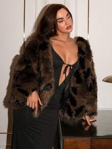 SHEIN Glamour 女式宽松长袖时尚黑棕染色尖头狐狸夹克，冬季 - 咖啡棕 - 查看 4