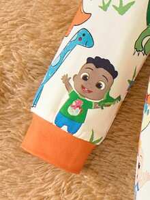 CoComelon X SHEIN 男婴卡通恐龙印花撞色饰边拉链连体裤，秋冬 - 彩色 - 查看 3