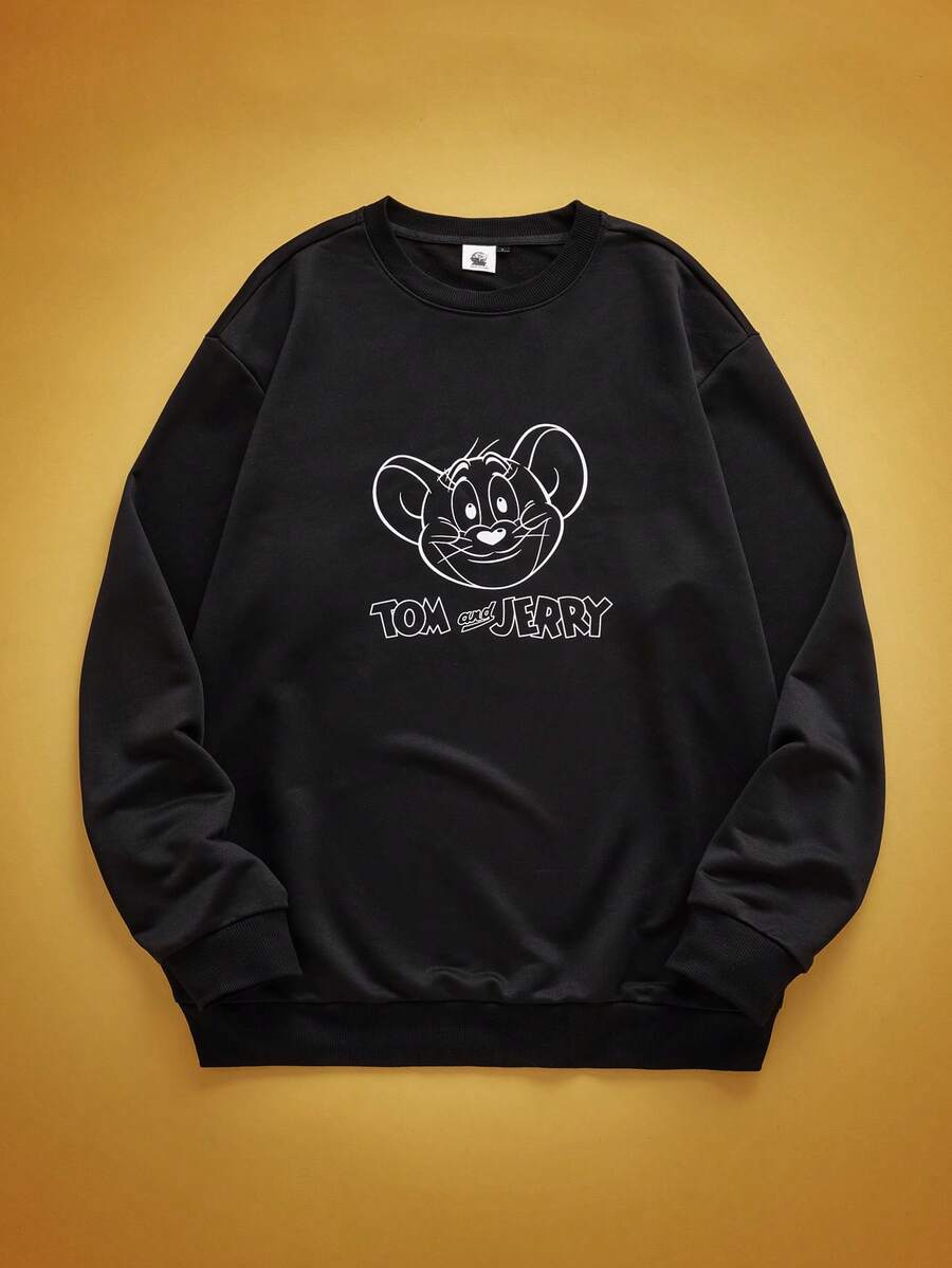 TOM & JERRY X SHEIN 男士休闲日常通勤卡通字母印花落肩宽松黑色套头衫，春秋季长袖上衣 - 黑色 - 查看 1
