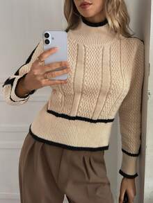 Elyressa Women's Contrast Color Twist Rope Turtleneck Sweater, Casual For Autumn/Winter - Apricot - View 4
