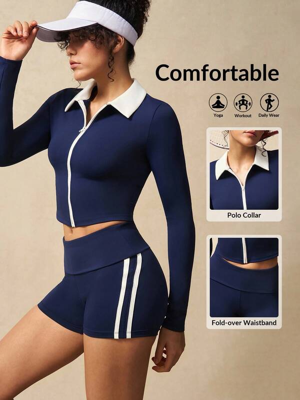 VARSITIE Workout Women Sets Women's Casual Fashionable Zip-Up Fitted Sports Jacket And Shorts Set