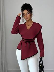 Elenzga Áo cánh nữ cổ chữ V tay dài bó sát, thắt eo, màu tương phản, xếp ly thanh lịch - Đỏ - Xem 6