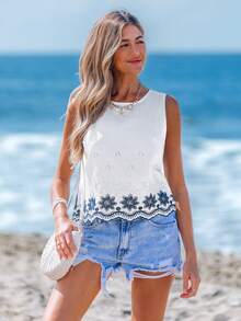 Sylviya Vacation Vibe Embroidered Faux Linen Women Short Top Blouse, Suitable For Holiday And Outing Embroidered Top  Mesh  Tube Top Embroidered Top Beach Vacation Resort Wear Women Boho Boho Top Off The Shoulder Top Going Out Tops Women, Christmas