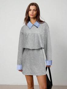 Hanevo Collared Striped Patchwork Long Sleeve Casual Sports College Style Dress For Women - Grey - View 3