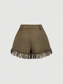 SHEIN MOD Quần short thời trang tua rua túi màu trơn cho nữ - xanh quân đội - Xem 2