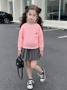 Genkimix Kids 2件套少女蝴蝶结刺绣提花针织上衣+纯色百褶裙套装 - 粉色 - 查看 3