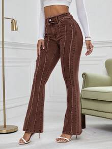 SHEIN Essnce Women's Solid Color Fringe Waist Belt Loop High Waist Casual Slim Flare Leg Jeans,Fall,Fall Clothes For Women - Coffee Brown - View 5