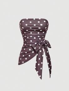 SHEIN MOD Women's White Polka Dot Asymmetric Diagonal Hem Strapless Top,Summer 70's 70s Retro Party Oversized Bow Vintage Y2K Date Festive Birthday Christmas - Mocha Brown - View 4