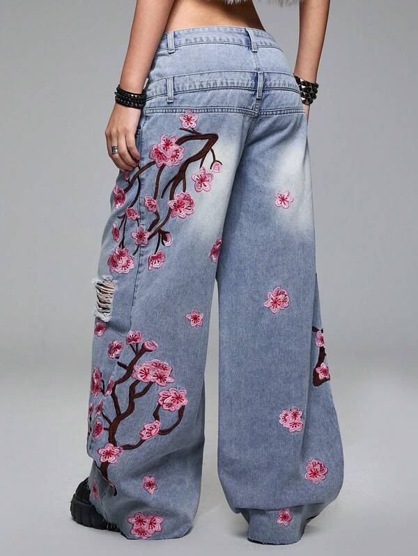 ROMWE Grunge Punk Jeans de talle bajo y ajuste holgado para mujer con doble cintura y diseño bordado de flor de cerezo, estilo urbano