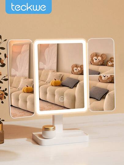 1pc LED Makeup Mirror With Faux Leather Stand And Rechargeable Battery, Smart Touch Control, Foldable, Cartoon Theme, Polished Surface, Plastic Frame, USB Powered, Alcohol-Free, Suitable For Home Beauty & Makeup