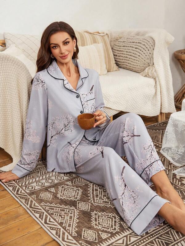 Serenescape Conjunto de pijama de manga larga con botones y bolsillo con estampado floral para mujer