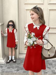 SHEIN Serisse Kids 青少年女孩杏色和红色提花领结露肩长袖毛衣裙，返校节礼服，优雅服装，服装，礼服，秋季服装，适合秋冬 - 紅色 - 查看 5
