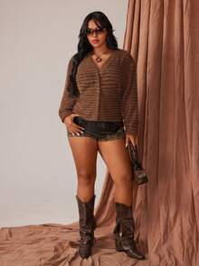 Rustia Plus Size Women Knitted Cardigan, Casual Comfortable Minimalist Button Up Sweater Jacket, Autumn/Winter - Brown - View 3