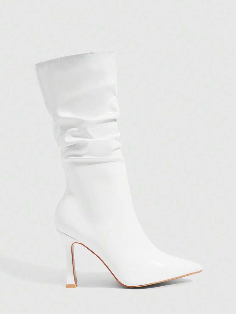 CUCCOO SZL Women's Fashionable Pointed Toe Slim Heel White Mid-Calf Boots, Pleated Boots, Stylish & Sexy For Party And Events For Christmas Spring Shoes
