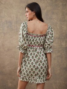 WESTFADE Váy ngắn chữ A xếp nếp tay bồng, cổ vuông, in họa tiết hoa pha cotton pha trộn, nơ phía trước, thu đông, phong cách Boho, thường ngày, dễ thương, ngày lễ, lễ tạ ơn, giáng sinh, trang phục miền tây, trang phục đồng quê - Nhiều màu - Xem 2