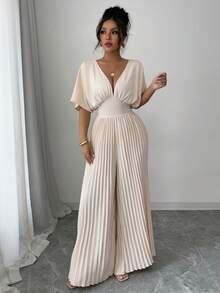 Elenzga 女士纯色深 V 领蝙蝠翼褶优雅连身裤