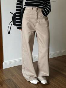 DAZY 女式低腰直筒休闲牛仔裤 - 卡其色 - 查看 4