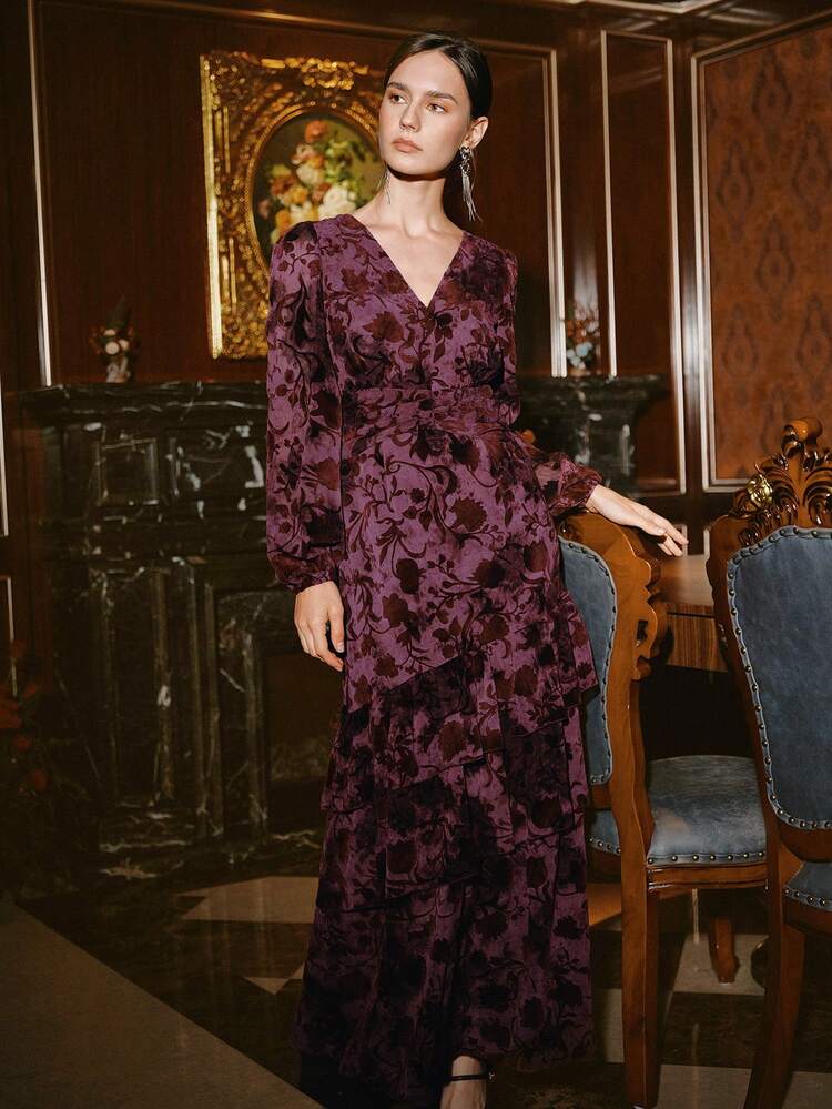 Vestido Longo Elegante Vintage de Veludo Queimado, Adequado para Inverno, Outono, Natal, Ano Novo, Primavera, Festa, Casamento, Elegante, Chique, Estiloso, Natal, Casual Executivo
