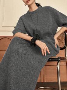 Dazy-Less Women's Loose Business Casual Knit Sweater And Straight Skirt 2 Pieces Set, Autumn/Winter - Grey - View 1