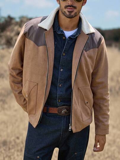 Manfinity Nomadique Chaqueta casual de negocios con elástico de ante sintético estilo retro americano para hombres, de estilo lujoso, para otoño/invierno