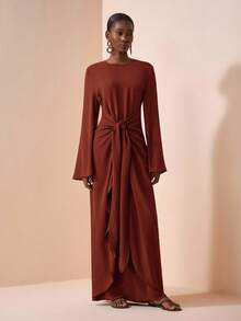 Zivah Phong cách mới mùa hè và đầu thu 2025, Thích hợp cho tiệc sinh nhật, mùa tốt nghiệp, đi chơi hàng ngày, Đa năng, kỳ nghỉ bình thường, du lịch du thuyền, tắm nắng trên bãi biển và bờ biển, Sản phẩm nổi tiếng trực tuyến, Bình thường và thanh lịch, tiệc đi làm, Cổ tròn, Tay dài, Cổ tay áo loe, Thiết kế thắt eo, Đầm dài siêu ôm, Đầm dài màu nâu dành cho nữ -A - Màu nâu Mocha - Xem 4